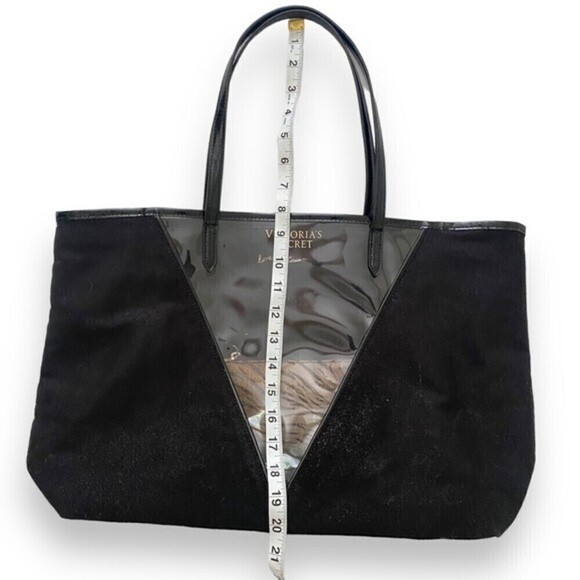 Victoria's Secret BLK Shimmer Canvas Tote Clear Plastic Front V Panel Tiger Bag - Picture 3 of 13